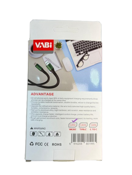 پشت کارتن کابل شارژ میکرو Vabi مدل CA92