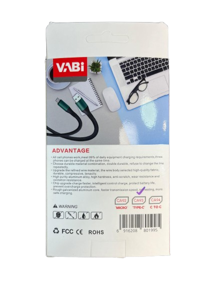 پشت کارتن کابل شارژ تایپ سی Vabi مدل CA93