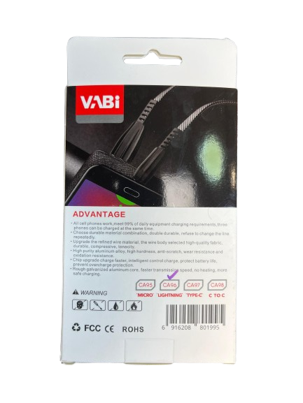 پشت کارتن کابل آیفون برزنتی Vabi مدل CA96