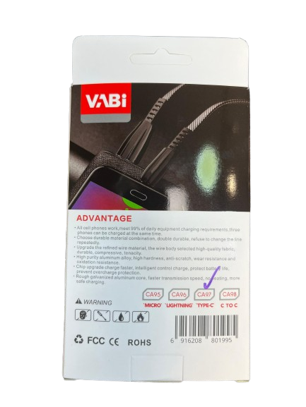 پشت کارتن کابل تایپ سی برزنتی Vabi مدل CA97