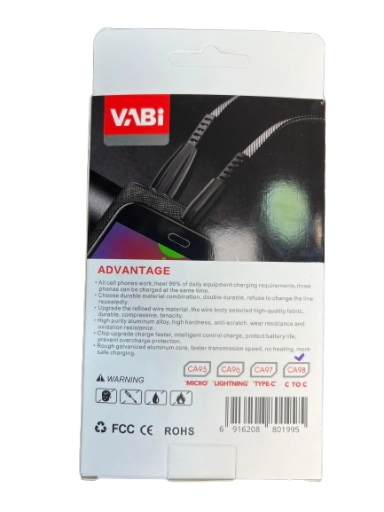 پشت کارتن کابل دوسر تایپ سی برزنتی Vabi مدل CA98
