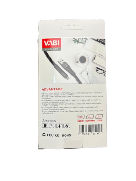 پشت کارتن کابل تایپ سی برزنتی Vabi مدل CA15