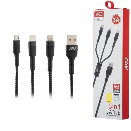 کابل شارژ سه سر آکو AKO AC-17 همه کاره مناسب آیفون و اندروید